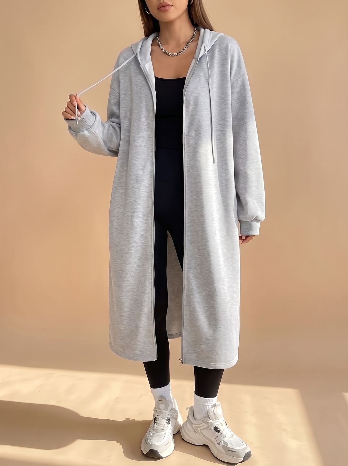Women's Long Hooded Zip-Up Jacket | Frieda in Light Gray - Juana Fashion