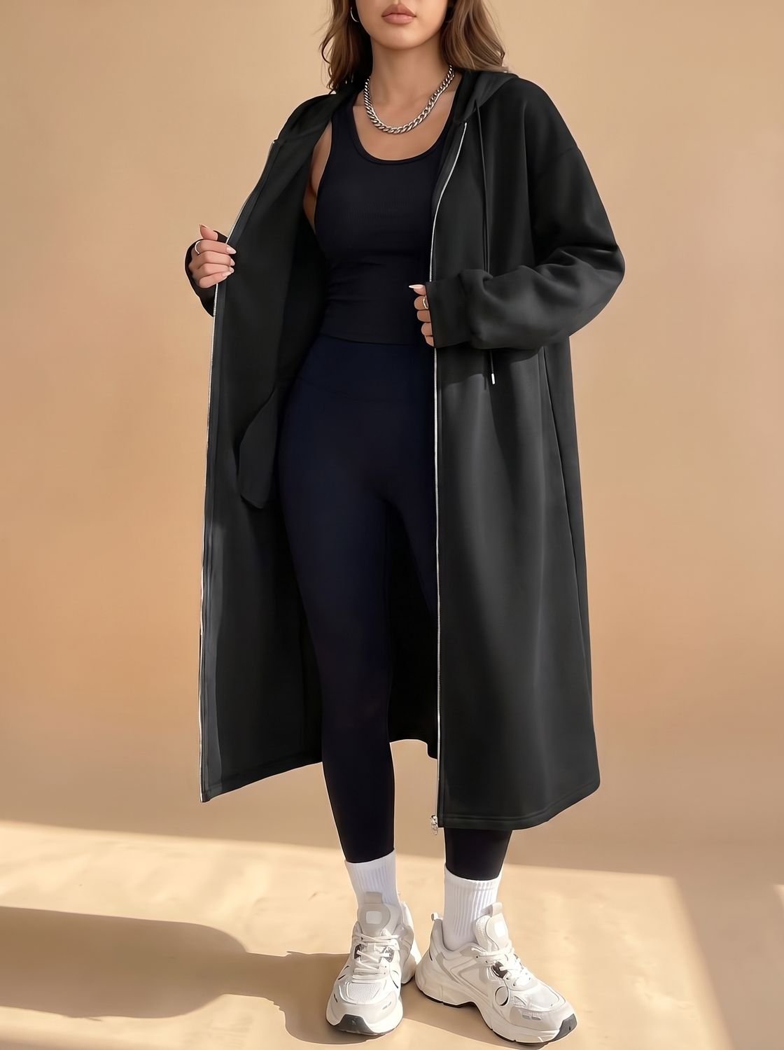 Women's Long Hooded Zip-Up Jacket | Frieda in White - Juana Fashion