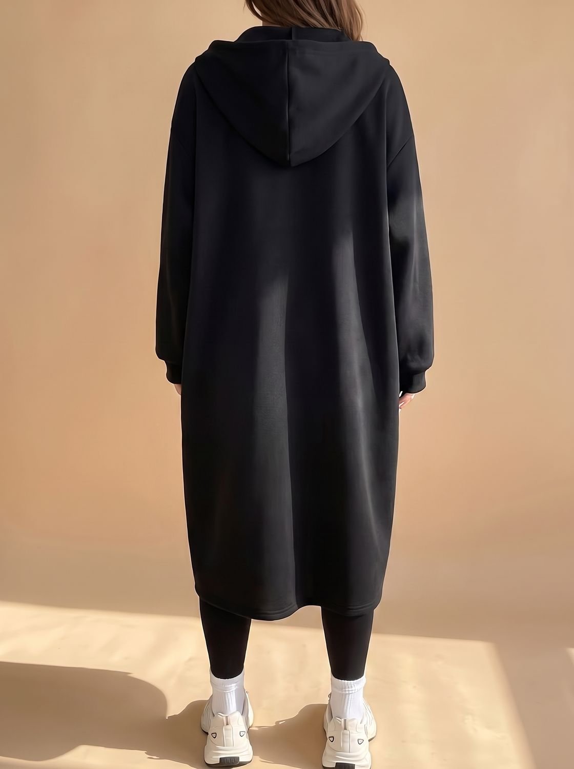 Women's Long Hooded Zip-Up Jacket | Frieda in Black - Juana Fashion