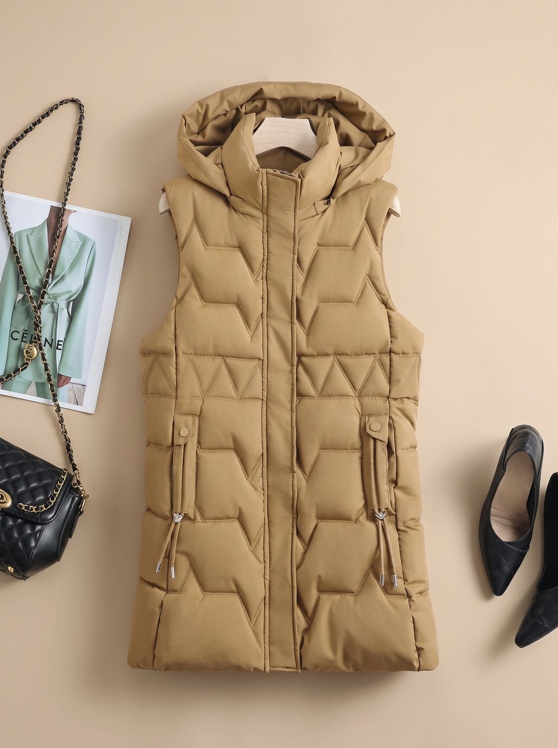 Women's Long Hooded Quilted Vest with Adjustable Fit | Lena in Khaki - Juana Fashion
