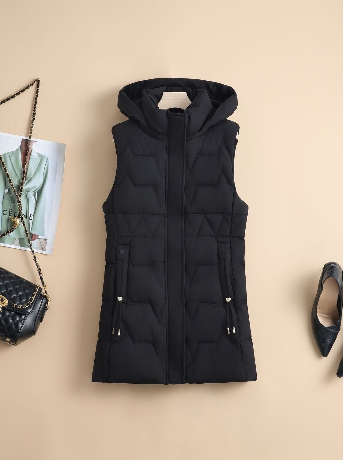 Women's Long Hooded Quilted Vest with Adjustable Fit | Lena in Black - Juana Fashion