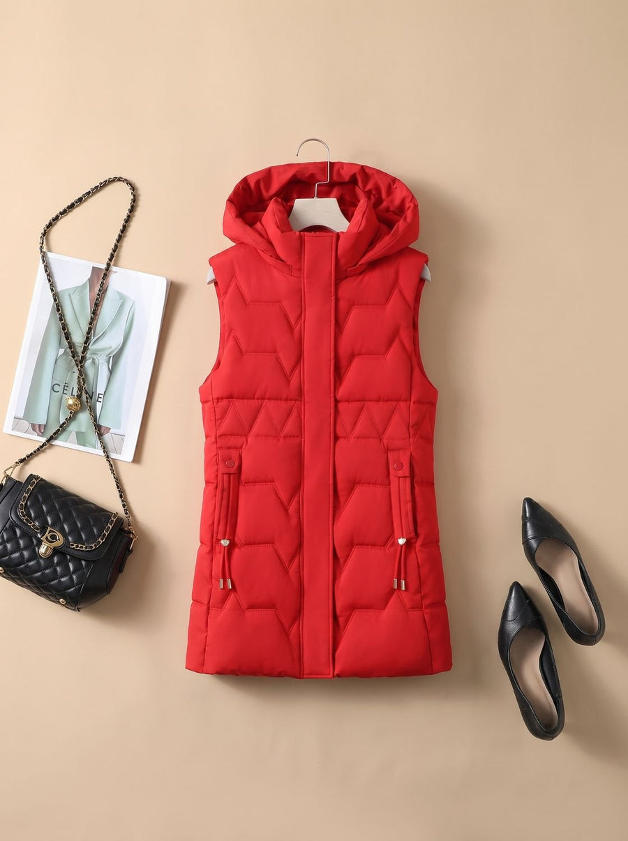 Women's Long Hooded Quilted Vest with Adjustable Fit | Lena in Red - Juana Fashion