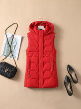 Women's Long Hooded Quilted Vest with Adjustable Fit | Lena in Red - Juana Fashion