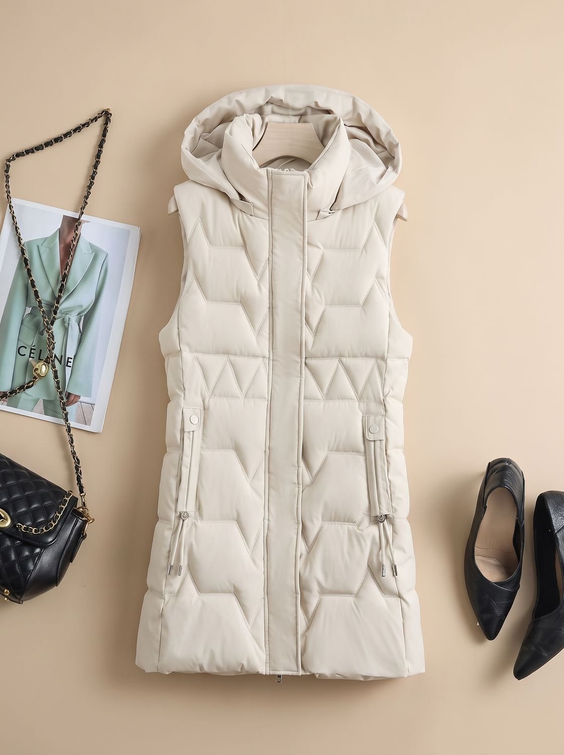 Women's Long Hooded Quilted Vest with Adjustable Fit | Lena in Off-White - Juana Fashion