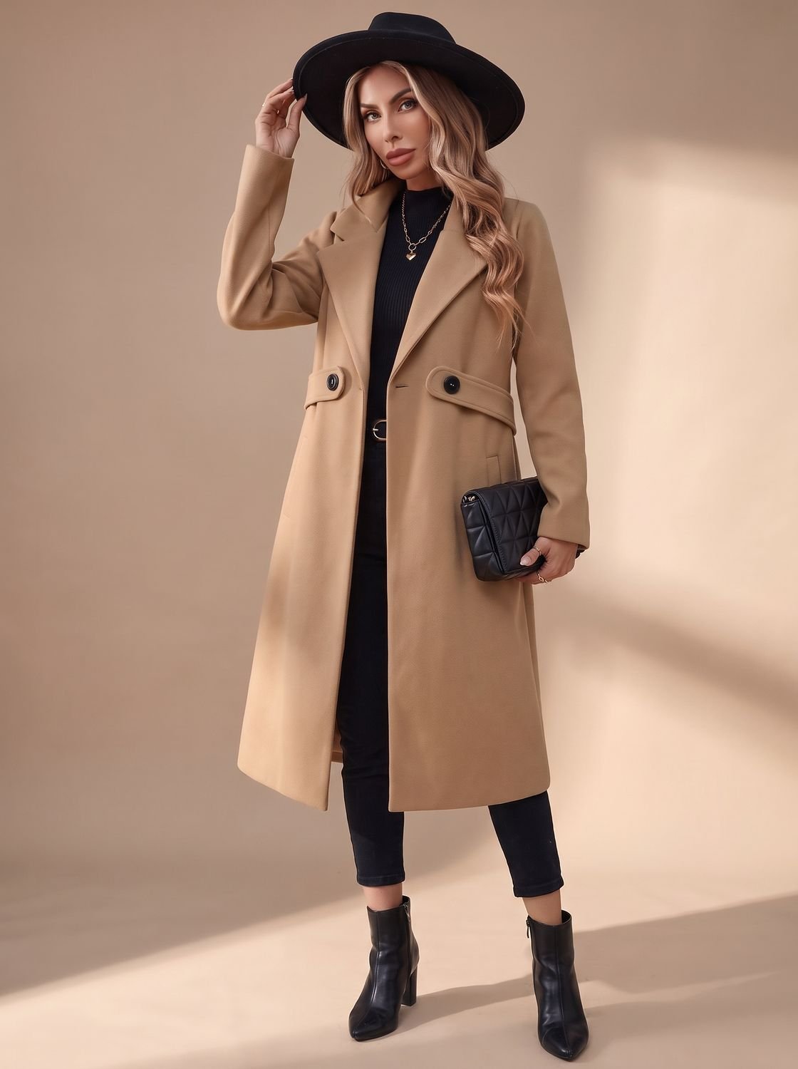 Women's Long Winter Coat with Turn-Down Lapels | Katharina in Black - Juana Fashion