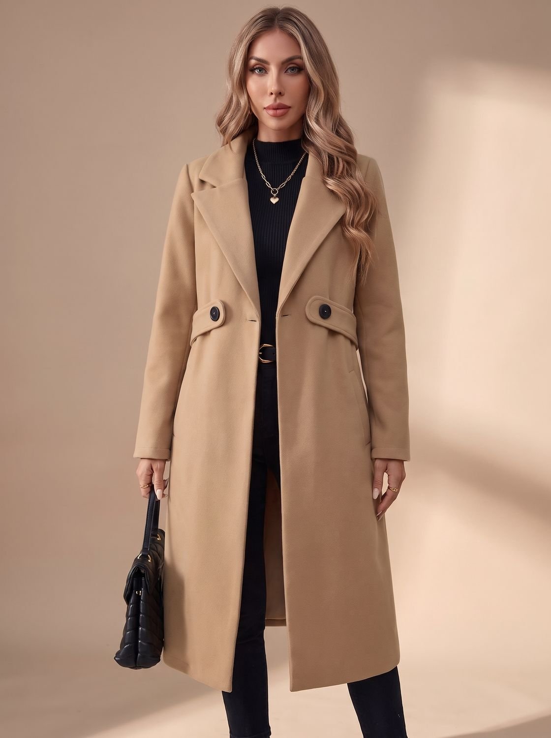 Women's Long Winter Coat with Turn-Down Lapels | Katharina in Black - Juana Fashion