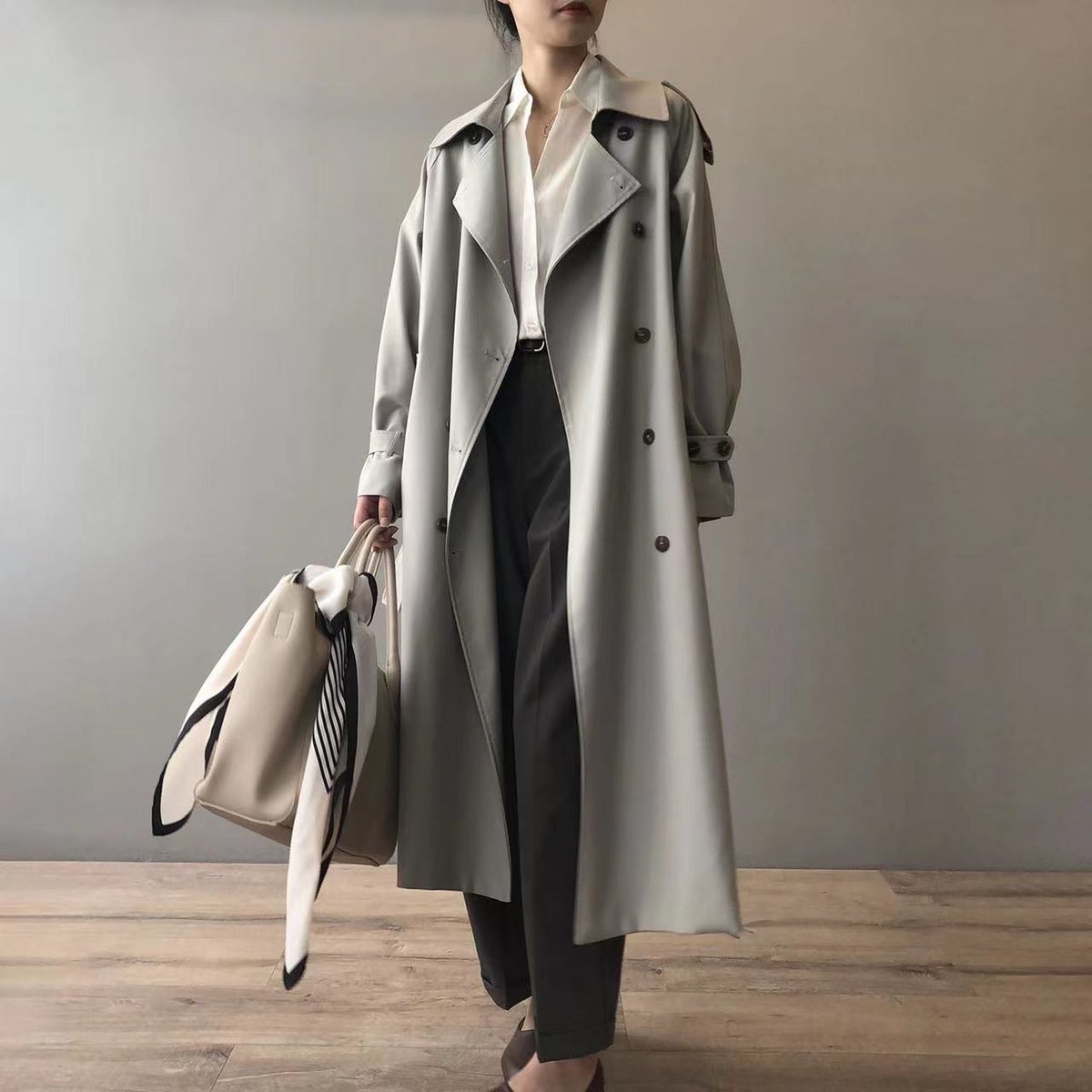 Women's Long Water-Repellent Double-Breasted Trench Coat | Marlene in Gray - Juana Fashion