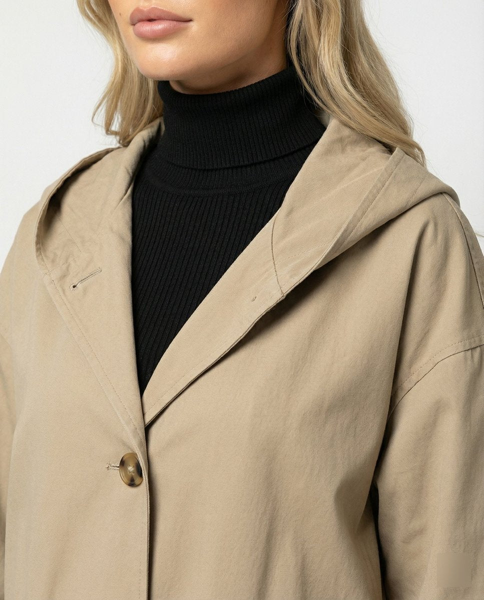 Women's Long Wind-Resistant Hooded Trench Coat | Annika in Beige - Juana Fashion