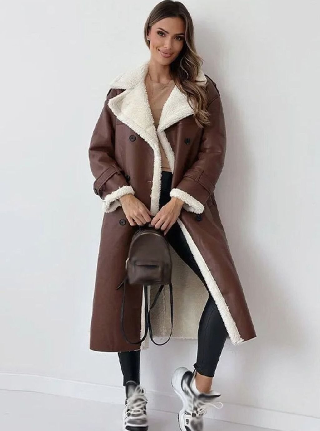 Women's Double-Breasted Faux Leather Coat | Elfriede in Brown - Juana Fashion