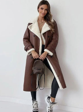 Women's Double-Breasted Faux Leather Coat | Elfriede in Brown - Juana Fashion