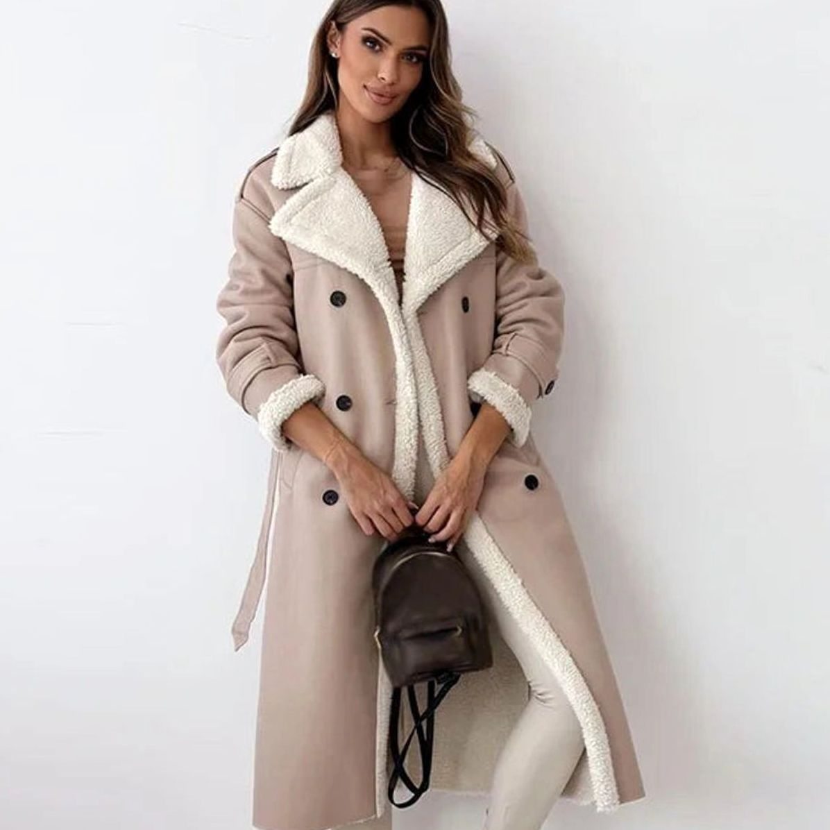 Women's Double-Breasted Faux Leather Coat | Elfriede in Brown - Juana Fashion