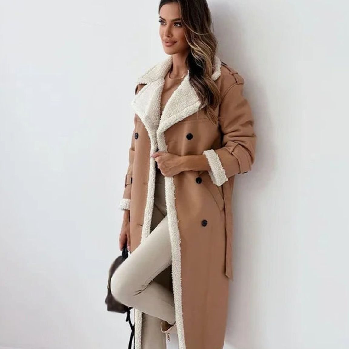Women's Double-Breasted Faux Leather Coat | Elfriede in Brown - Juana Fashion