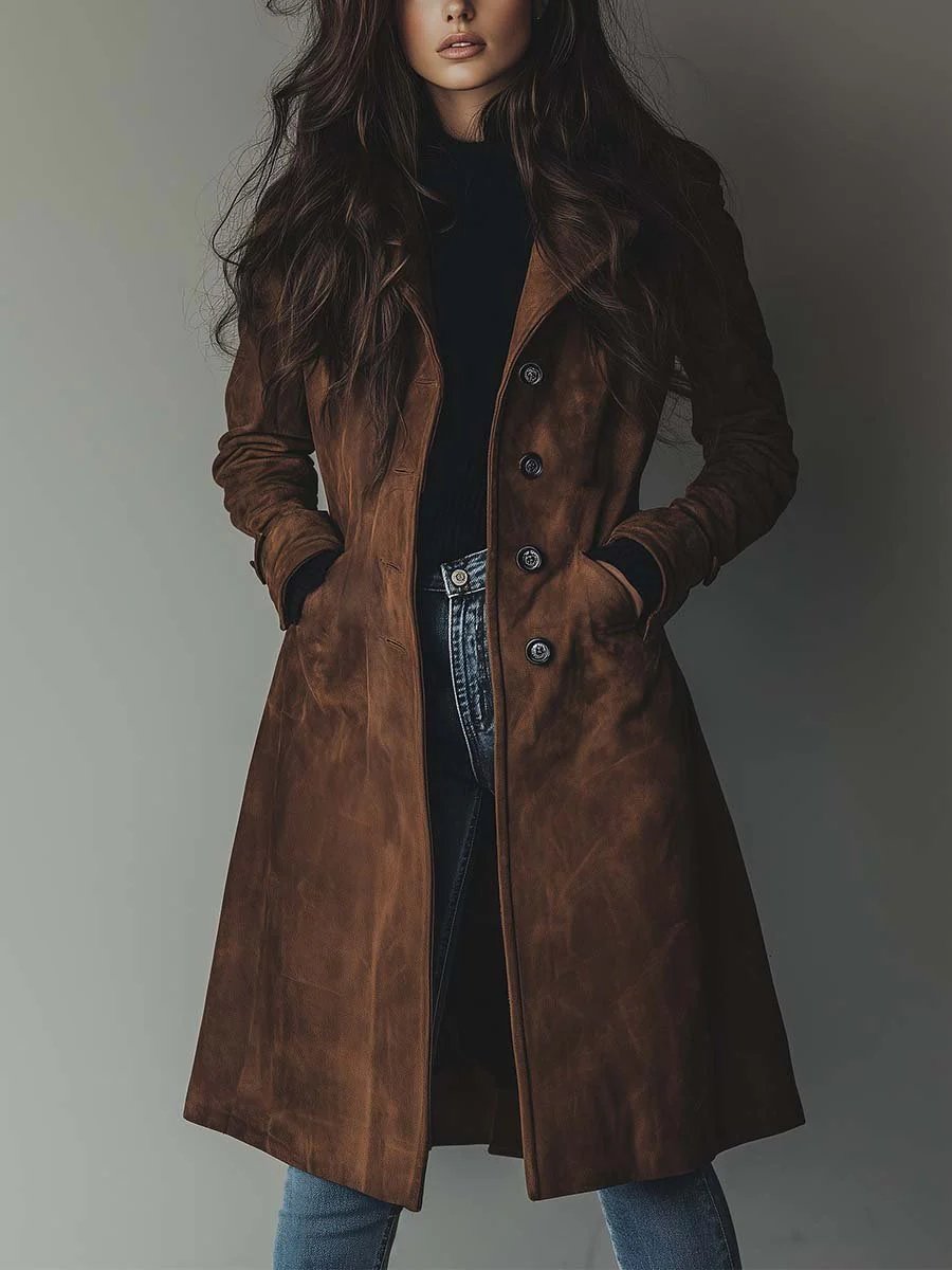 Women's Long Tailored Double-Breasted Trench Coat | Luisa in Brown - Juana Fashion