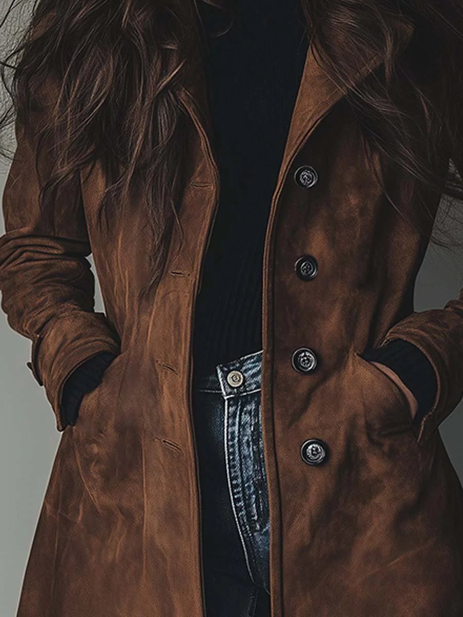 Women's Long Tailored Double-Breasted Trench Coat | Luisa in Brown - Juana Fashion