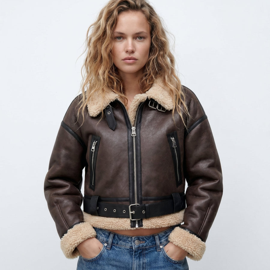 Women's Reversible Shearling-Look Bomber Jacket | Elfriede in Brown - Juana Fashion