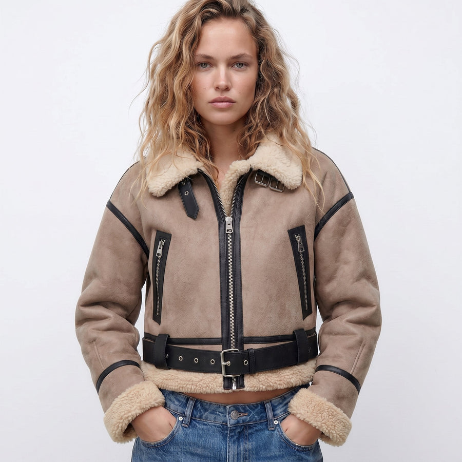 Women's Reversible Shearling-Look Bomber Jacket | Elfriede in Brown - Juana Fashion