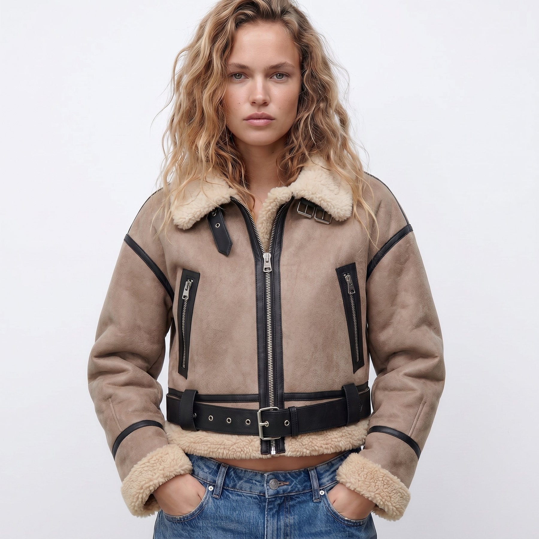 Women's Reversible Shearling-Look Bomber Jacket | Elfriede in Brown - Juana Fashion