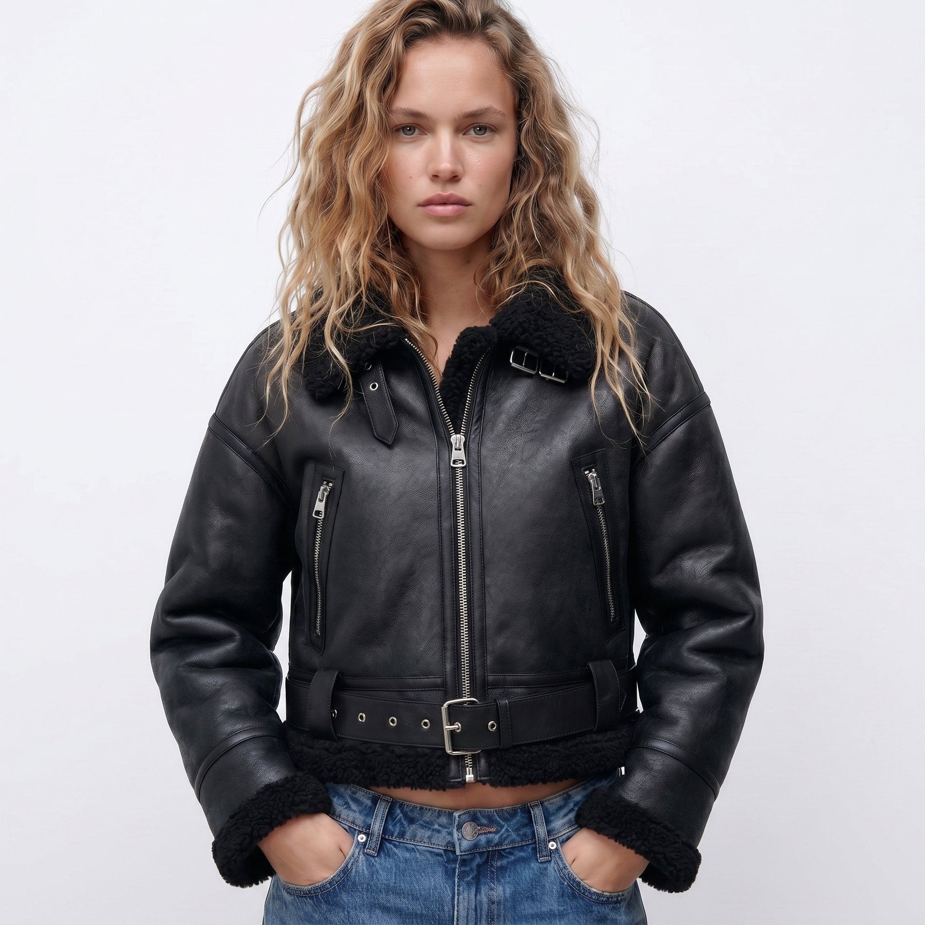 Women's Reversible Shearling-Look Bomber Jacket | Elfriede in Brown - Juana Fashion