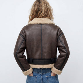 Women's Reversible Shearling-Look Bomber Jacket | Elfriede in Brown - Juana Fashion