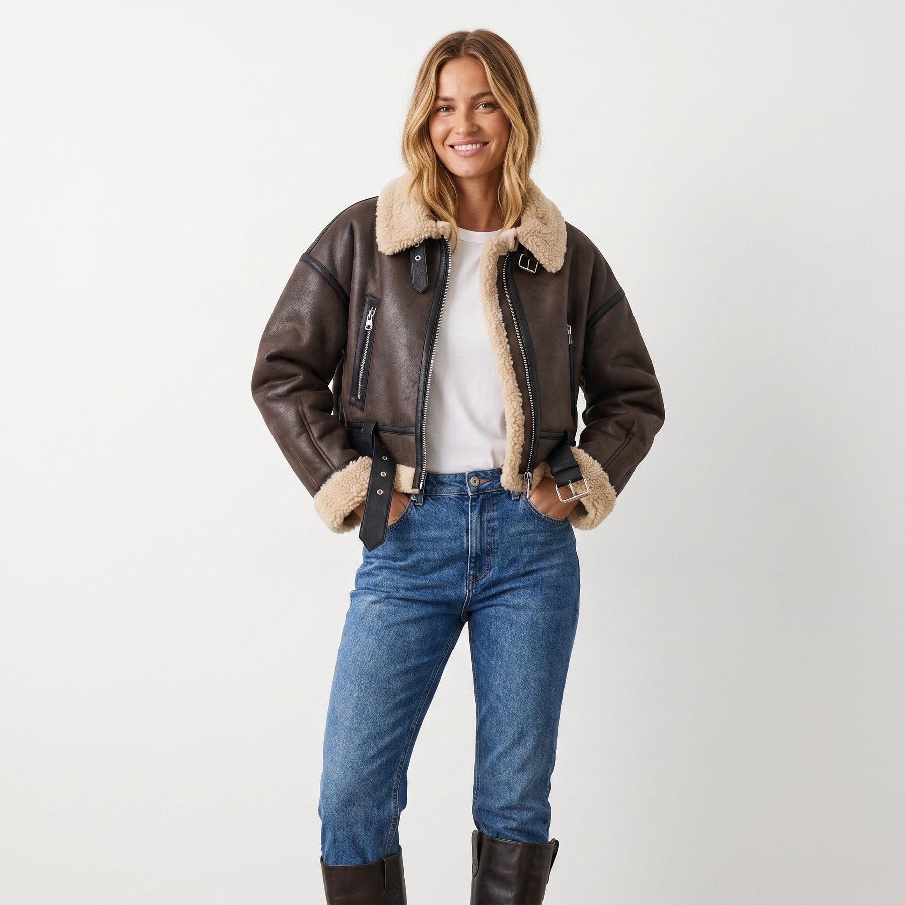 Women's Reversible Shearling-Look Bomber Jacket | Elfriede in Brown - Juana Fashion