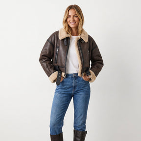 Women's Reversible Shearling-Look Bomber Jacket | Elfriede in Brown - Juana Fashion