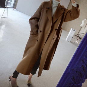 Women's Double-Breasted Wool-Blend Coat | Frieda in Caramel - Juana Fashion
