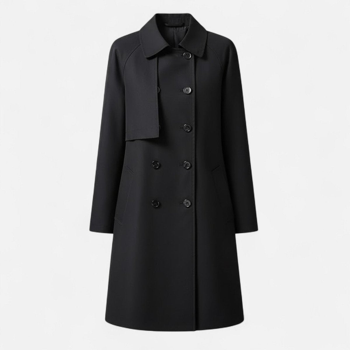 Women's Double-Breasted Wool-Blend Midi Trench Coat | Clara in Black - Juana Fashion
