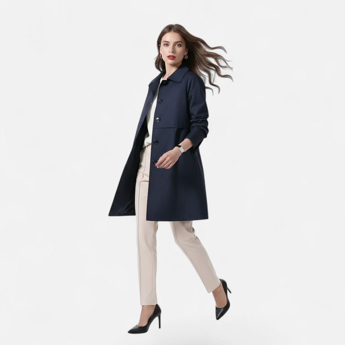 Women's Double-Breasted Wool-Blend Midi Trench Coat | Clara in Black - Juana Fashion