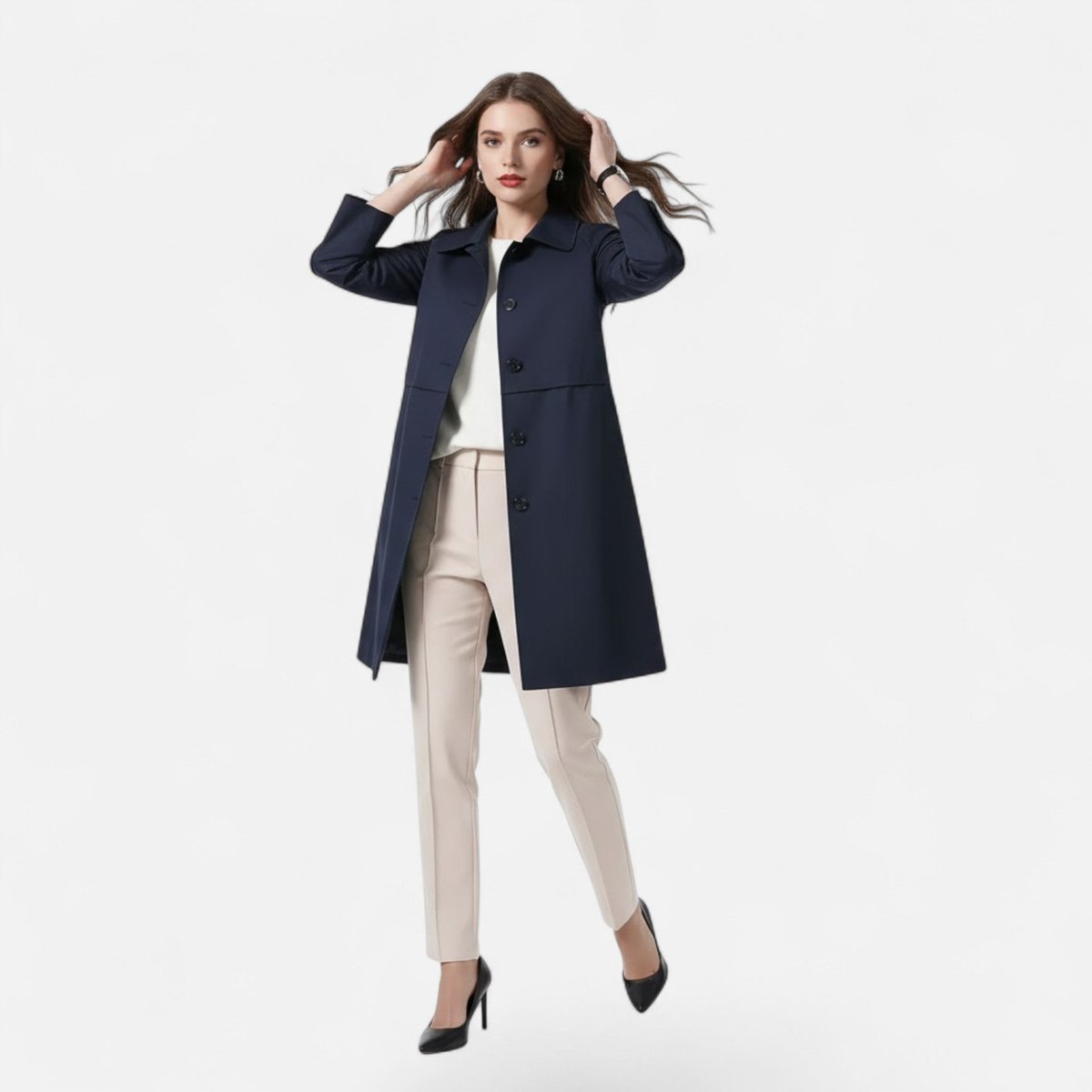 Women's Double-Breasted Wool-Blend Midi Trench Coat | Clara in Black - Juana Fashion