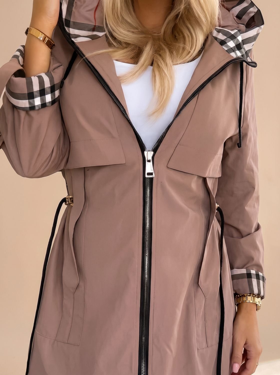 Women's Hooded Plaid Trench Coat | Luisa in Brown - Juana Fashion