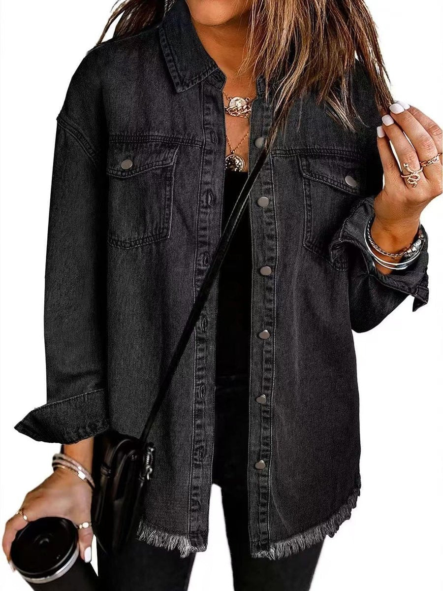 Women's Oversized Denim Jacket with Frayed Hem | Charlotte in Black - Juana Fashion