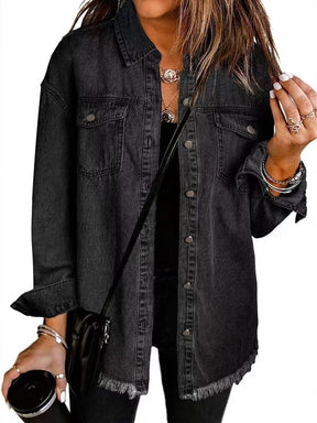 Women's Oversized Denim Jacket with Frayed Hem | Charlotte in Black - Juana Fashion