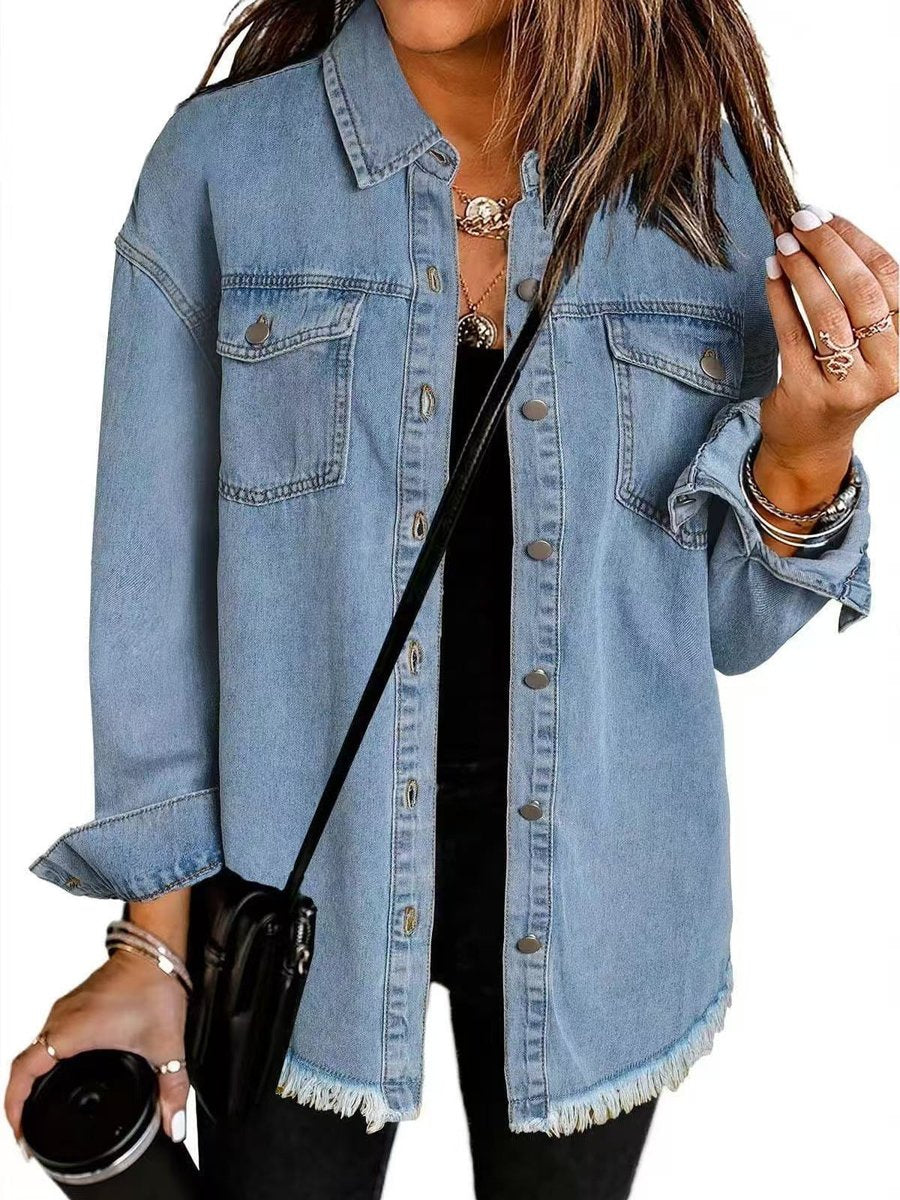Women's Oversized Denim Jacket with Frayed Hem | Charlotte in Black - Juana Fashion