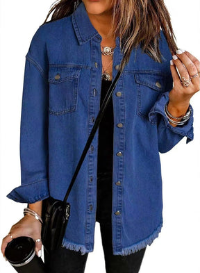 Women's Oversized Denim Jacket with Frayed Hem | Charlotte in Black - Juana Fashion