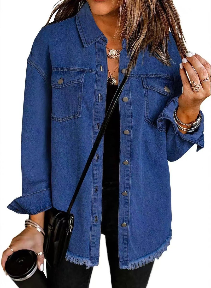 Women's Oversized Denim Jacket with Frayed Hem | Charlotte in Black - Juana Fashion