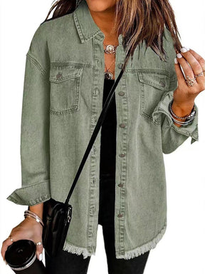 Women's Oversized Denim Jacket with Frayed Hem | Charlotte in Black - Juana Fashion