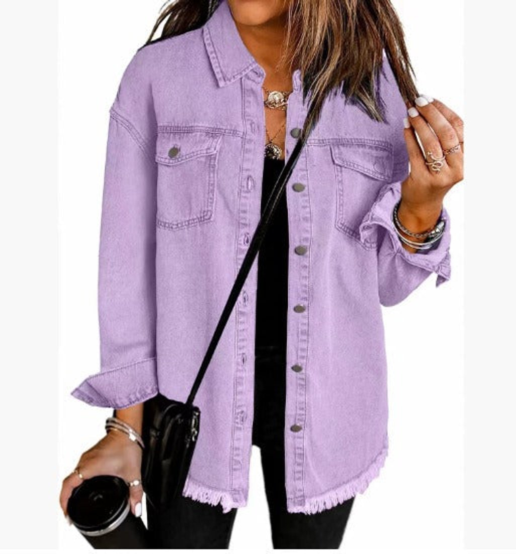 Women's Oversized Denim Jacket with Frayed Hem | Charlotte in Light Blue - Juana Fashion