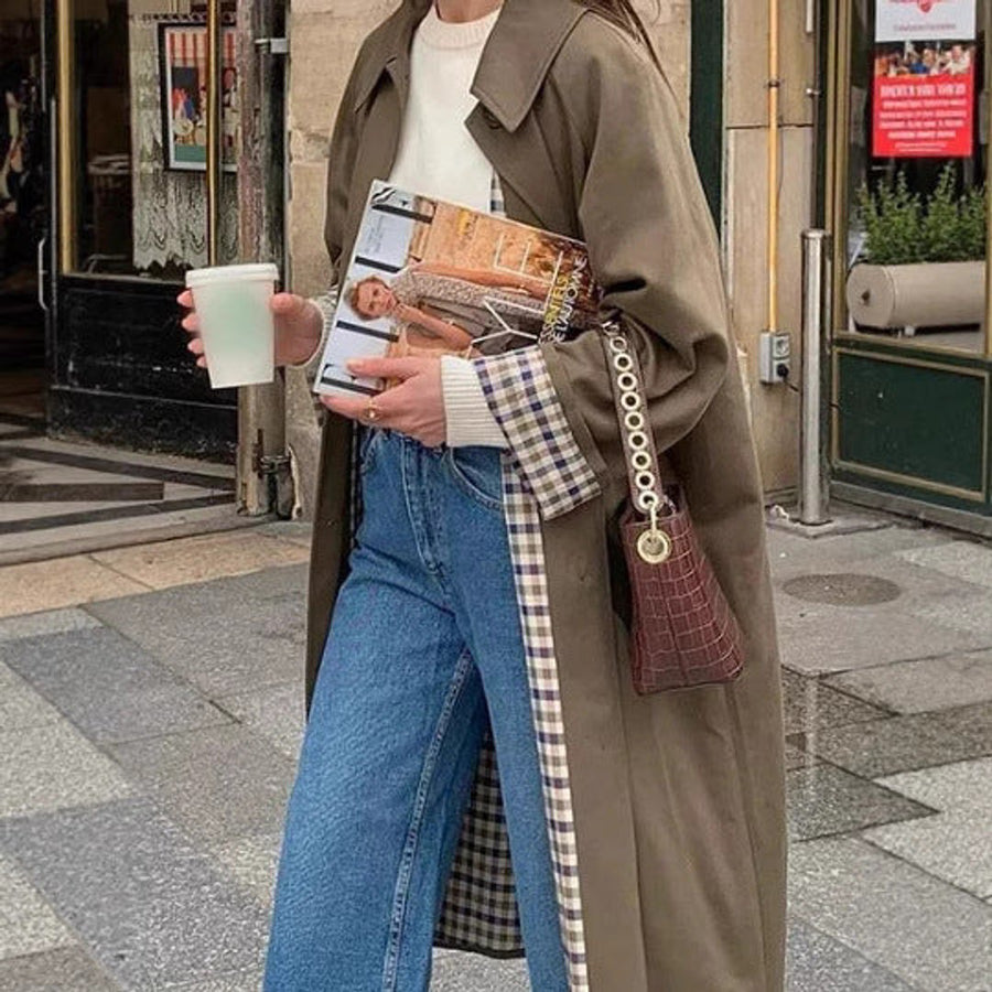 Women's Long Oversized Trench Coat with Plaid Lining | Marie in Khaki - Juana Fashion