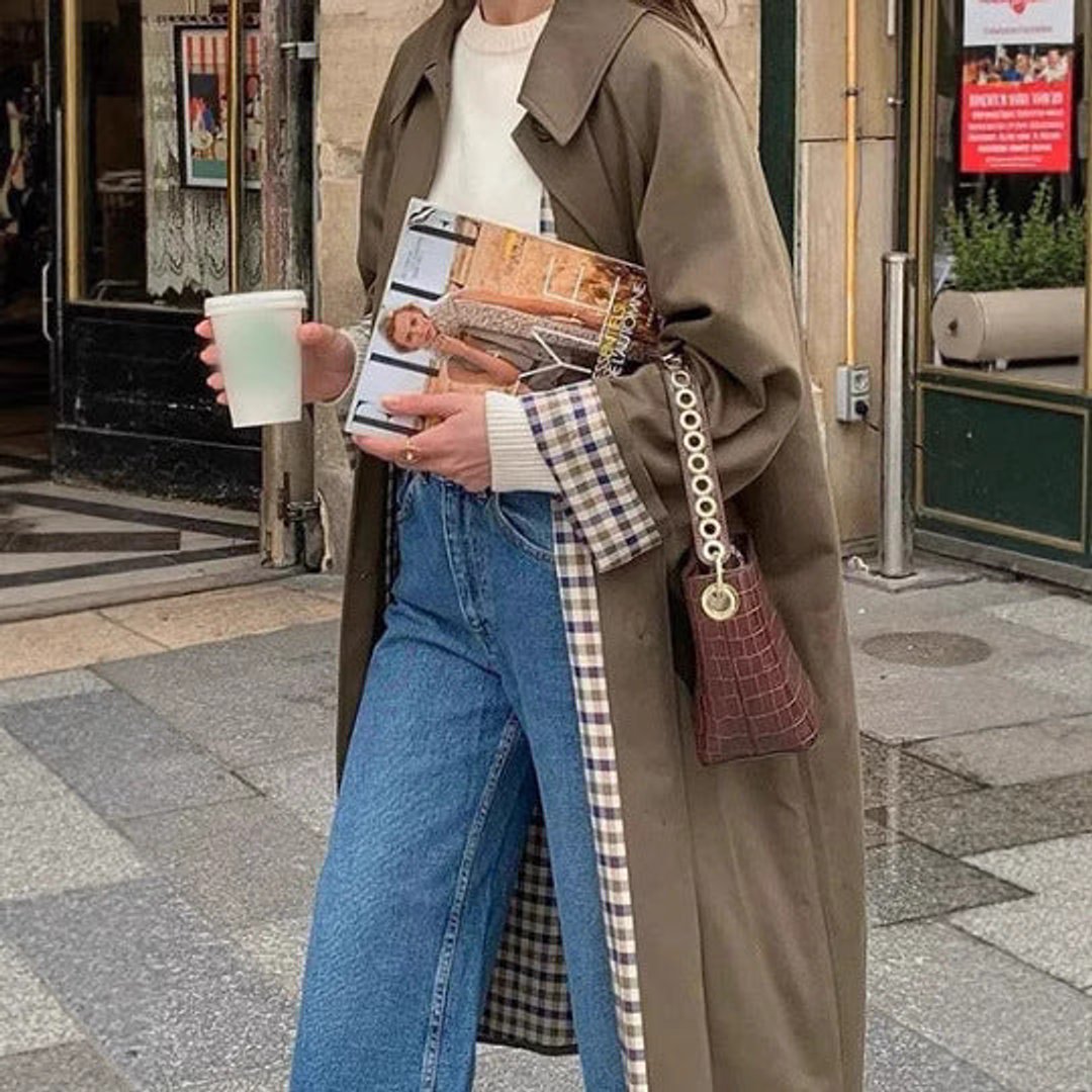 Women's Long Oversized Trench Coat with Plaid Lining | Marie in Khaki - Juana Fashion