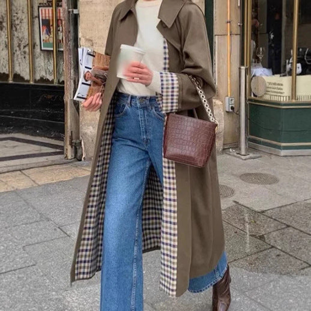 Women's Long Oversized Trench Coat with Plaid Lining | Marie in Khaki - Juana Fashion