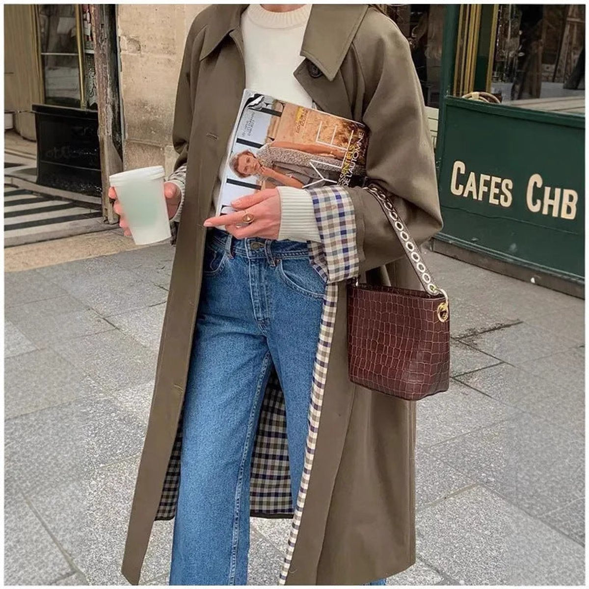Women's Long Oversized Trench Coat with Plaid Lining | Marie in Khaki - Juana Fashion