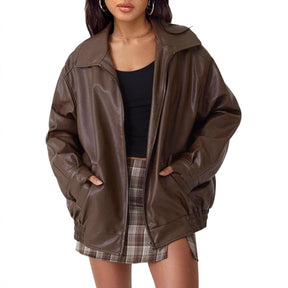 Women's Oversized Faux Leather Bomber Jacket | Lena in Hot Pink - Juana Fashion