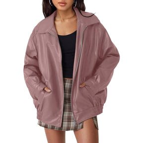 Women's Oversized Faux Leather Bomber Jacket | Lena in Dark Green - Juana Fashion