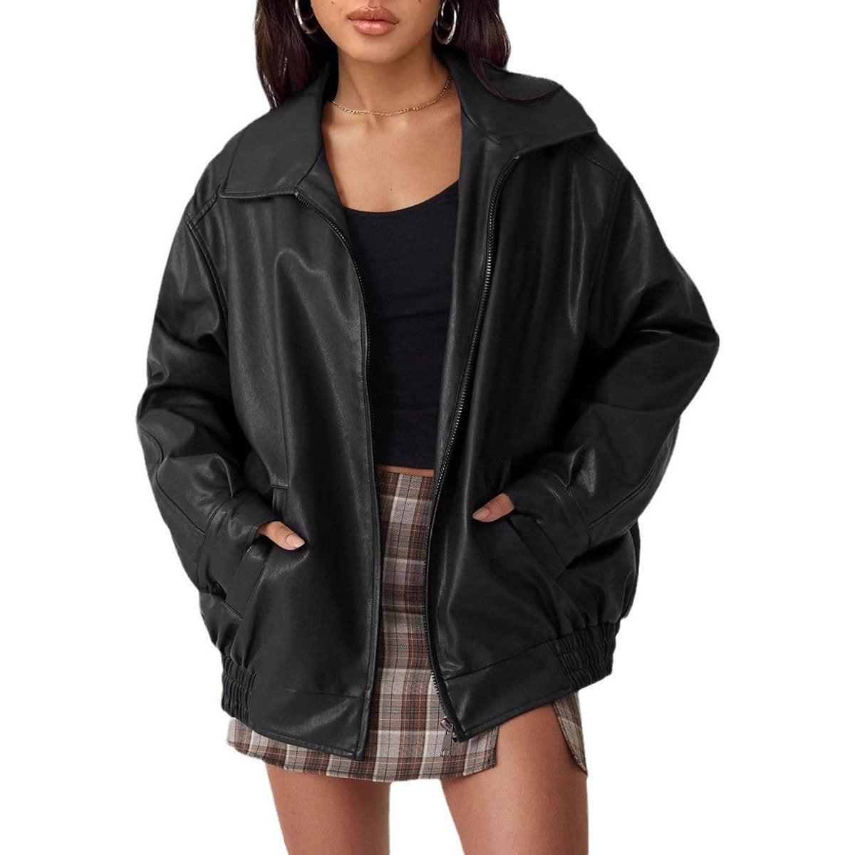Women's Oversized Faux Leather Bomber Jacket | Lena in Camel - Juana Fashion