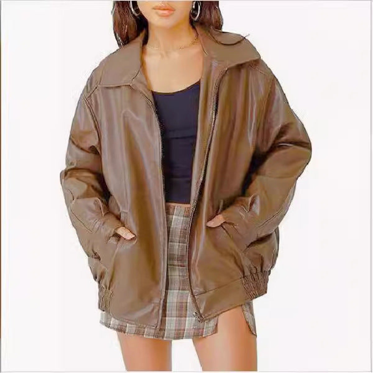 Women's Oversized Faux Leather Bomber Jacket | Lena in Black - Juana Fashion