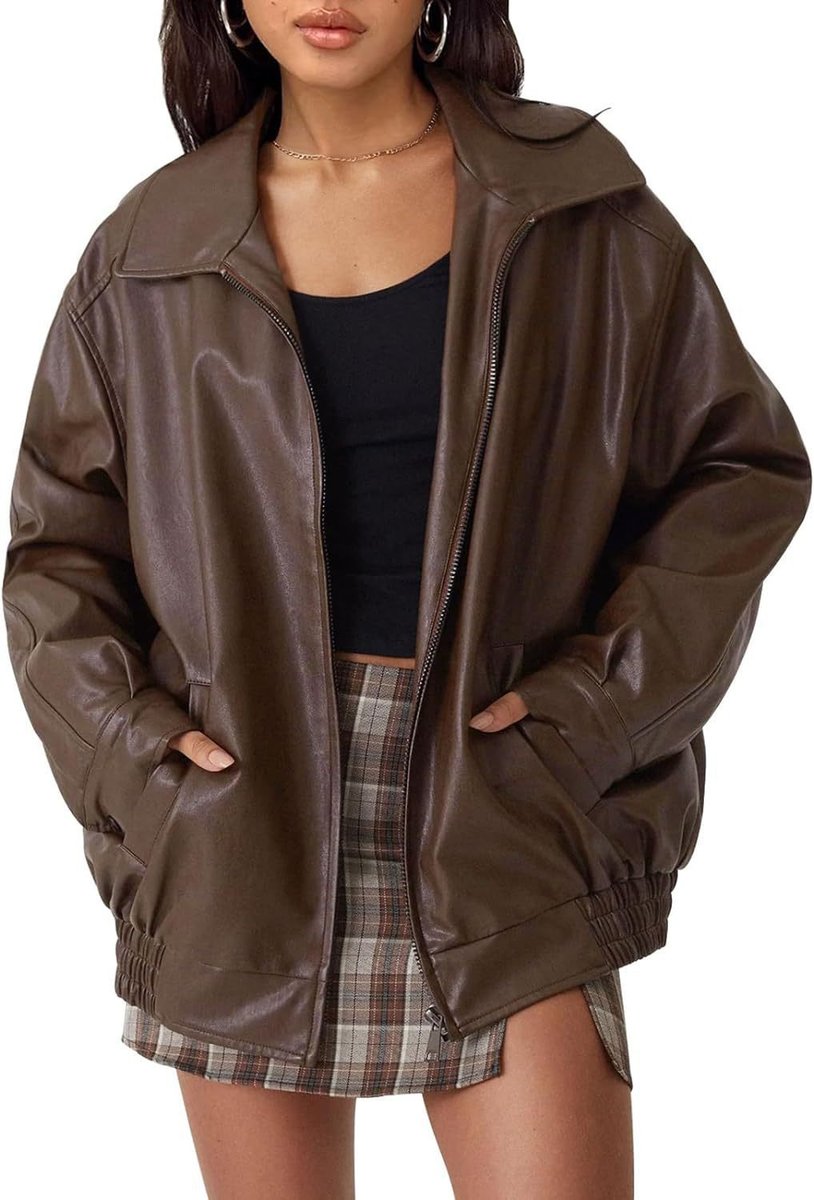 Women's Oversized Faux Leather Bomber Jacket | Lena in Dark Brown - Juana Fashion
