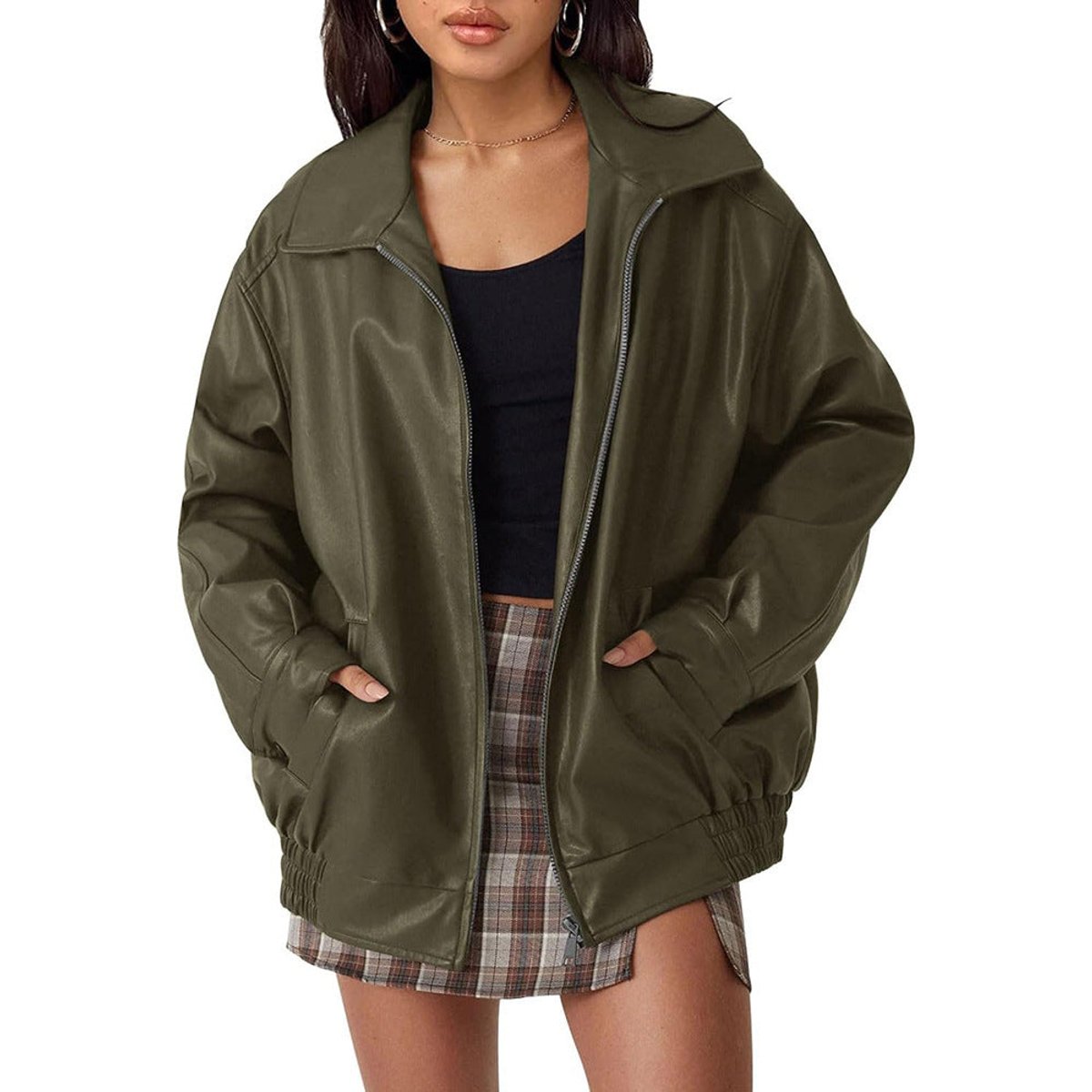 Women's Oversized Faux Leather Bomber Jacket | Lena in Olive Green - Juana Fashion
