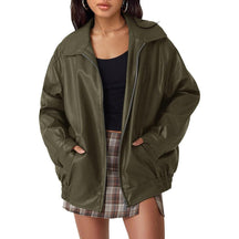 Women's Oversized Faux Leather Bomber Jacket | Lena in Olive Green - Juana Fashion
