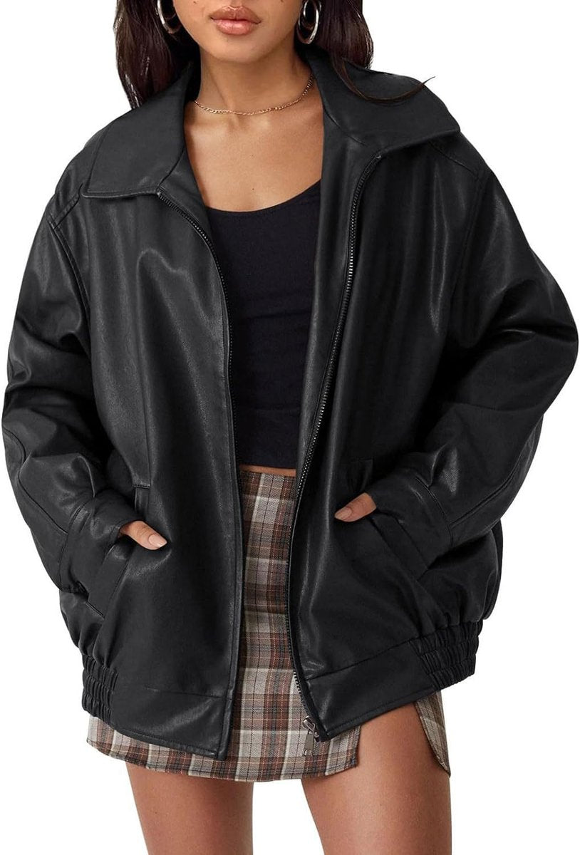 Women's Oversized Faux Leather Bomber Jacket | Lena in Brown - Style 2 - Juana Fashion