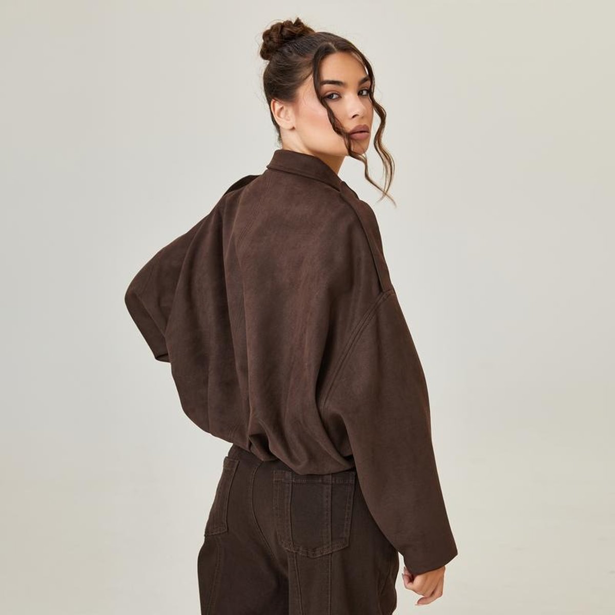 Women's Cropped Oversized Faux Suede Bomber Jacket | Emilia in Brown - Juana Fashion